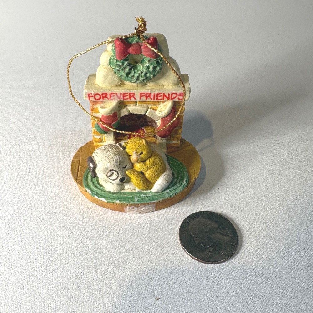 Vintage 1995 Forever Friends Dog and Cat Fireplace Christmas Ornament Cozy Pet